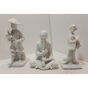 Vtg Japanese White Porcelain Figurines Set Of 3 Geisha Musician Farmer